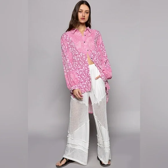 POL Button Down Long Sleeve Paisley Print Shirt